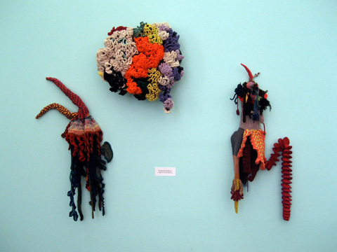 View of crochet coral reef sculptures installed in gallery.