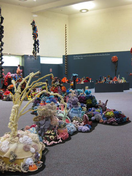 Installation view of crochet coral reef sculptures in large gallery space.