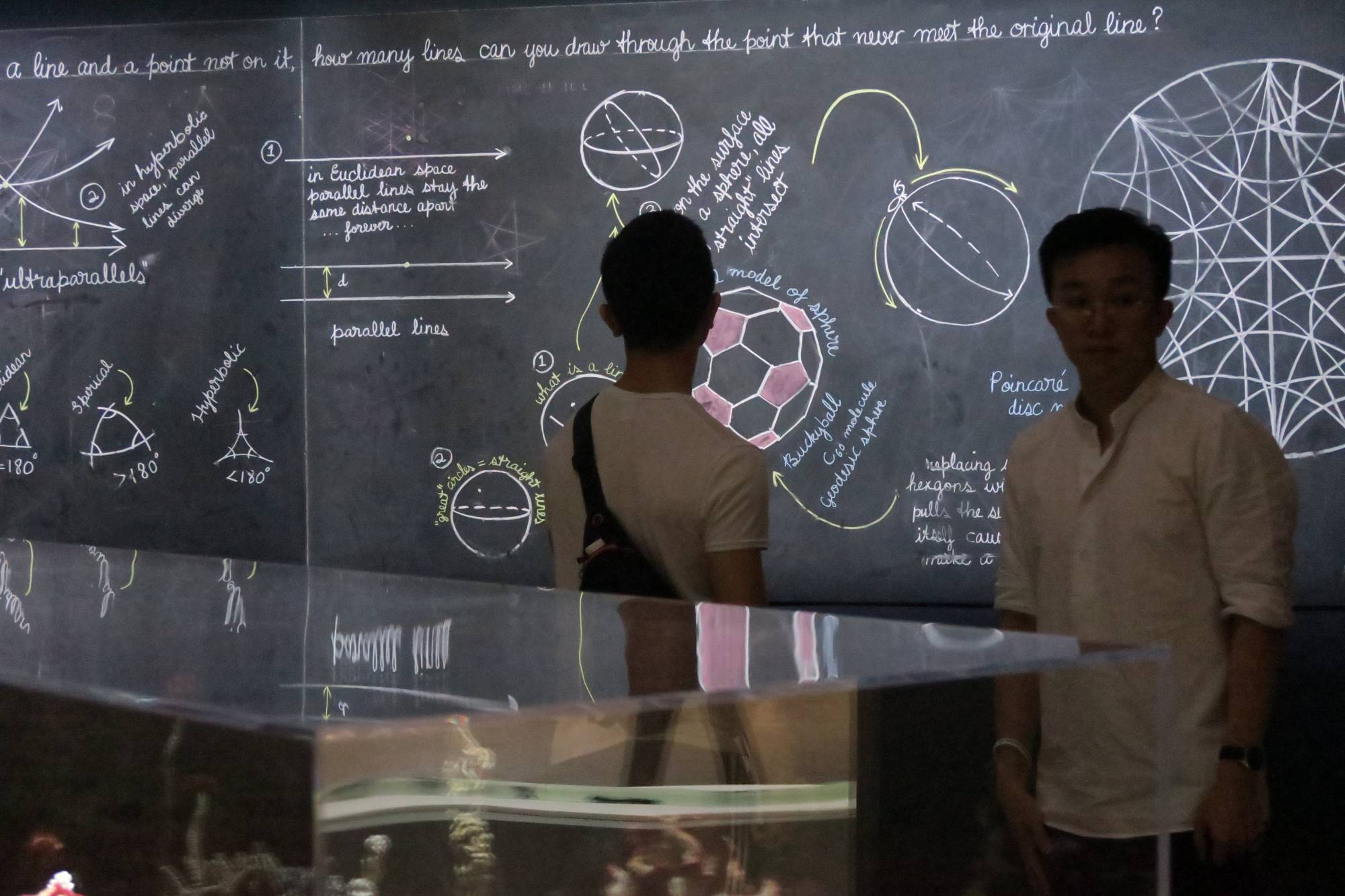 Two figures in front of a blackboard with scientific drawings