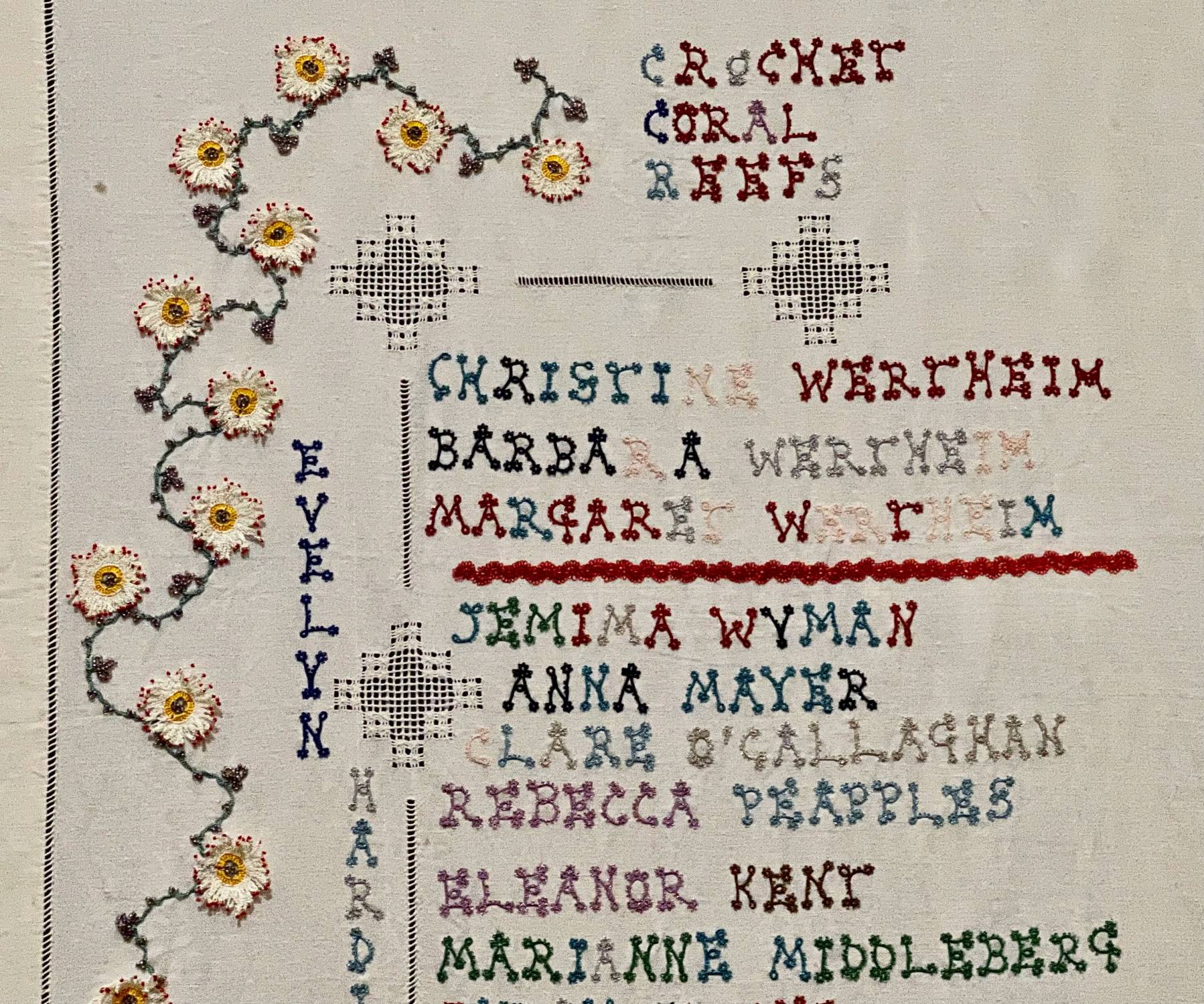 kargescale embroidery sampler with tatted names