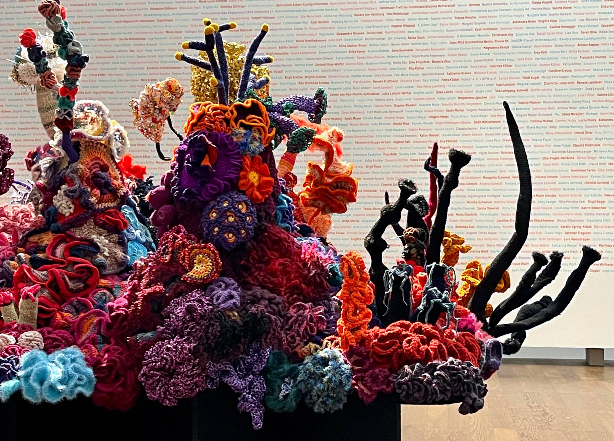 large island of crochet corals with wall of names in background