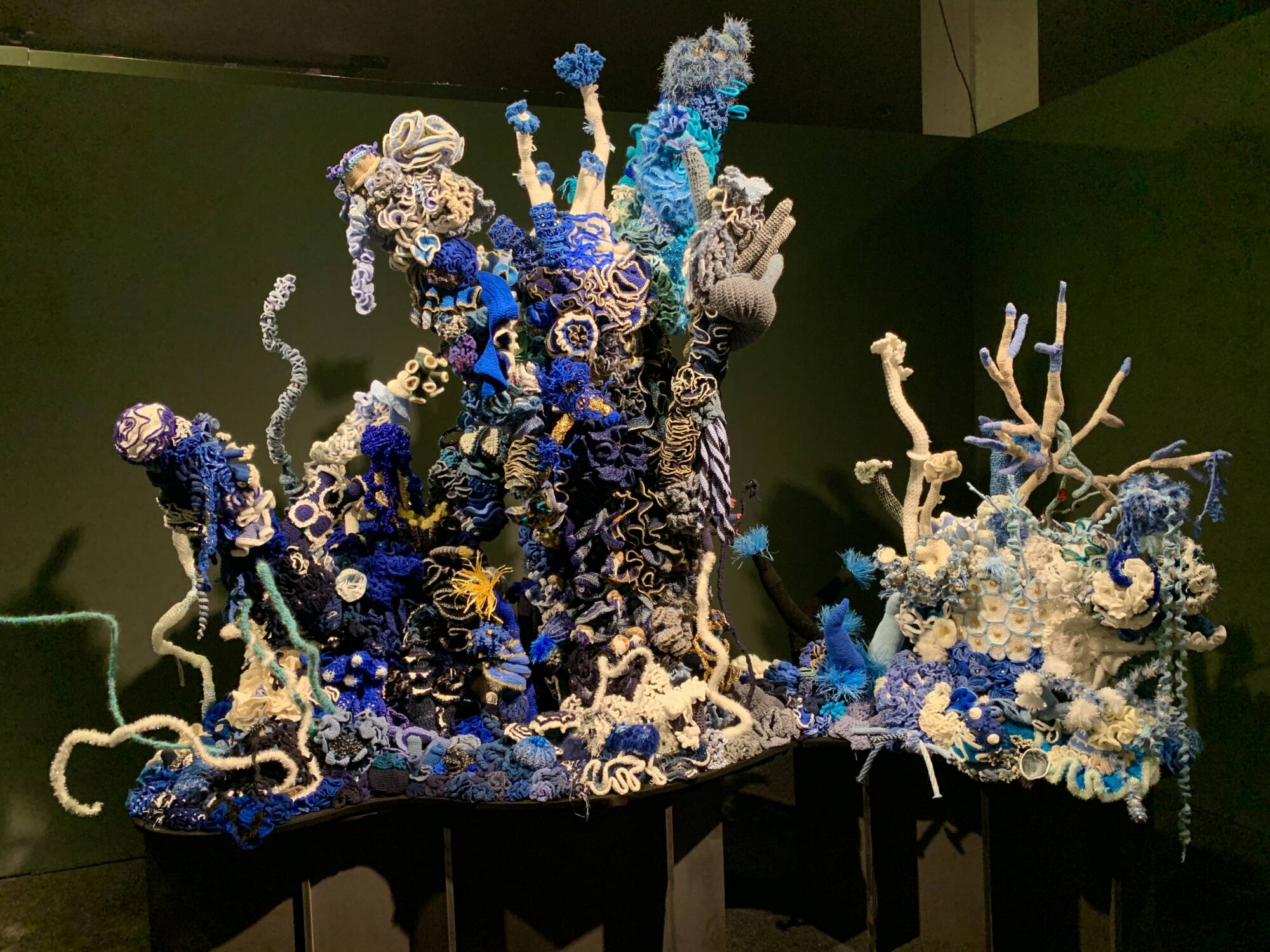 installation of crochet coral sculpture - in blue