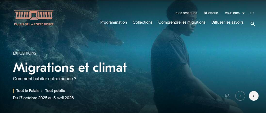 announcement of exhibition about climate and migration at Palais de la Porte Doree in Paris